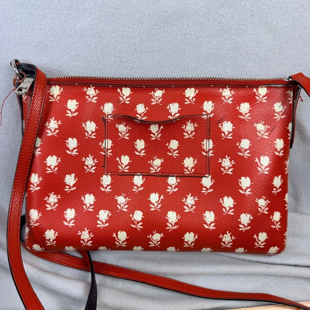 Coach East West Red Floral Rose Print Leather Crossbody Bag Silver Hardware - Picture 7 of 8